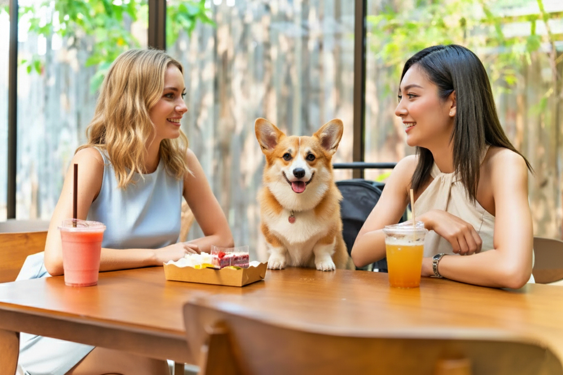  two women and corgi in restaurant