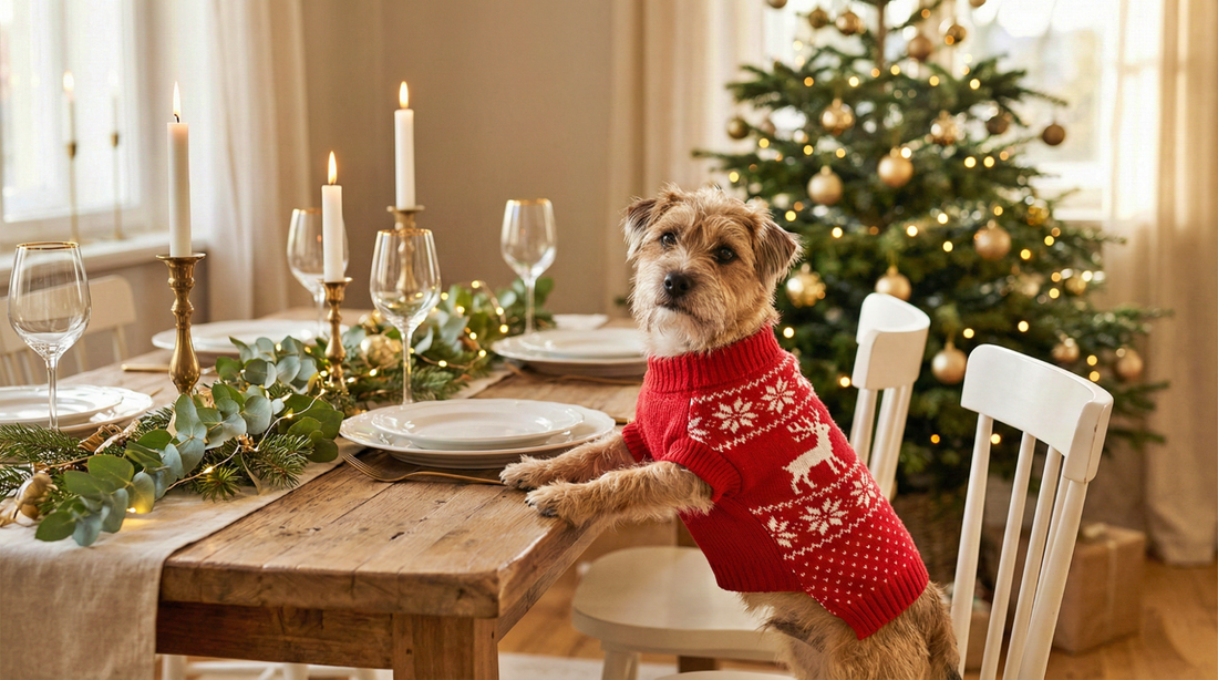 mixed-breed dog sitting upright at a holiday dining table