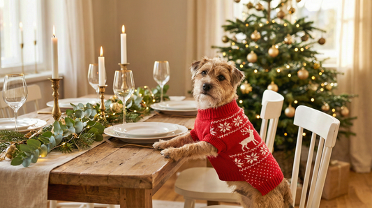 mixed-breed dog sitting upright at a holiday dining table