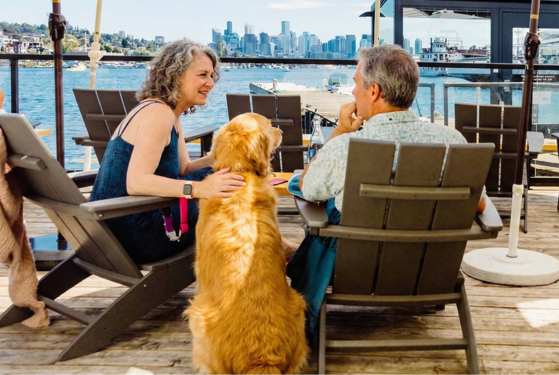 older couple with dog eating outdoors