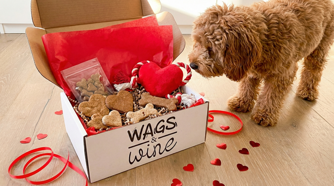 dog sniffing valentine's treat box