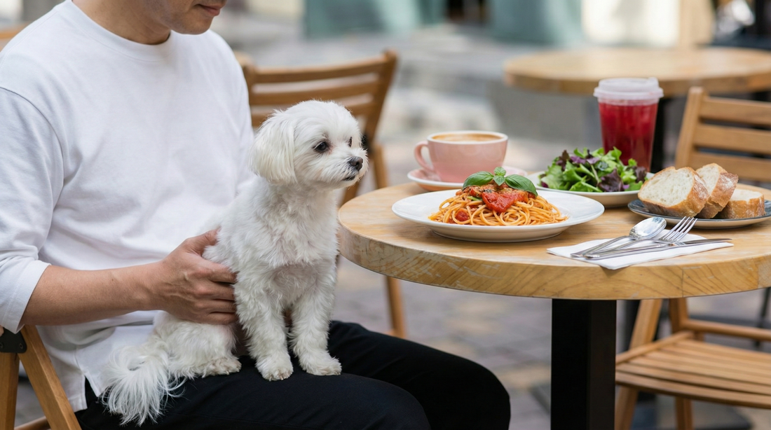 Man holds dog at cafe