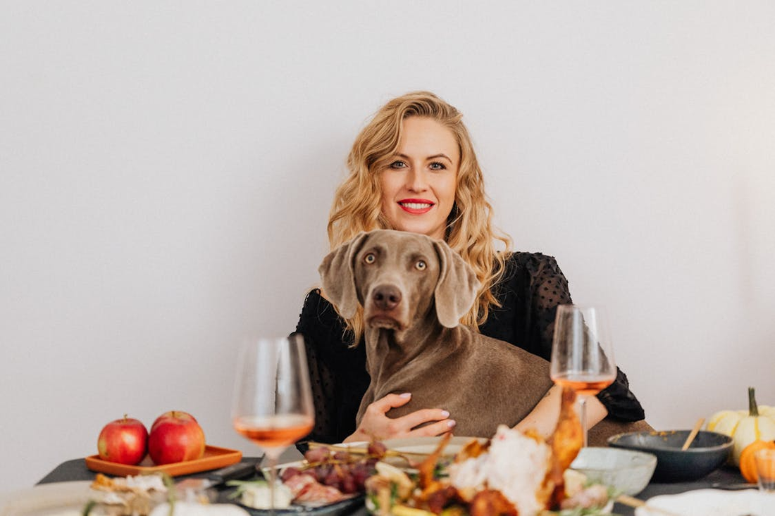 : woman sitting at dinner table with her dog on her lap